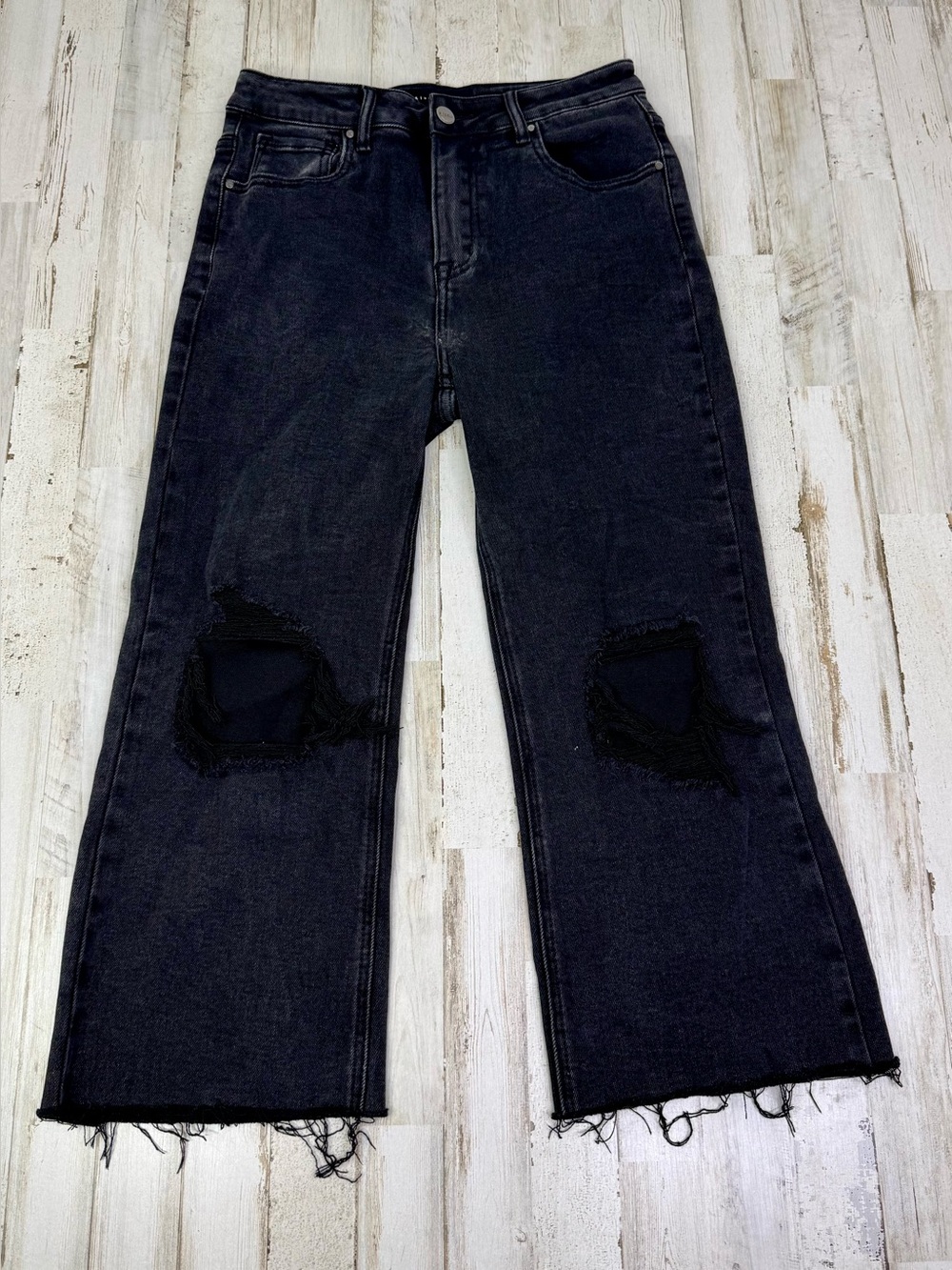 Risen Jeans Womens 7/28 (28x22) High Rise Distressed Straight Leg Frayed Black